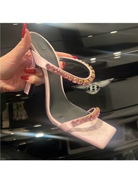 Versace Pink Crystal-Embellished Square-Toe Stiletto Sandals